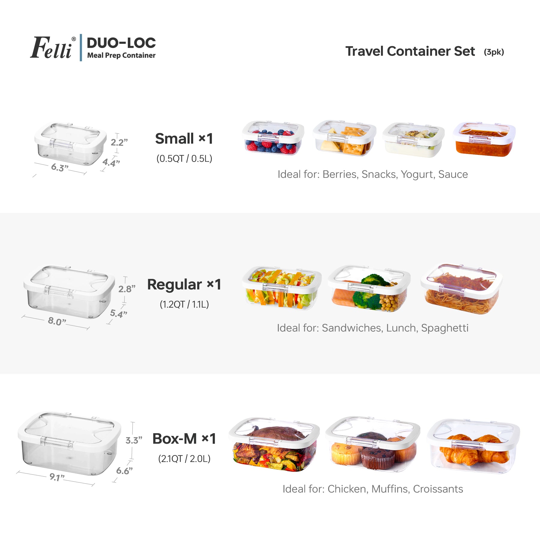 Felli Duo Loc Container for On the Go Lunch Box - Travel Container 3pk