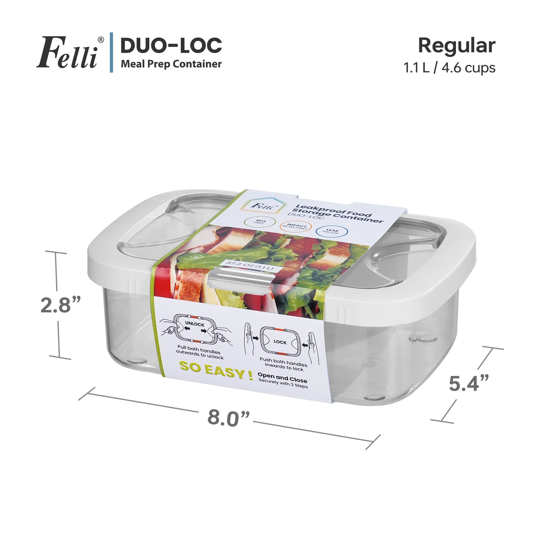 Felli Duo Loc Meal Prep Containers for Fridge Microwave - Regular 1.1L