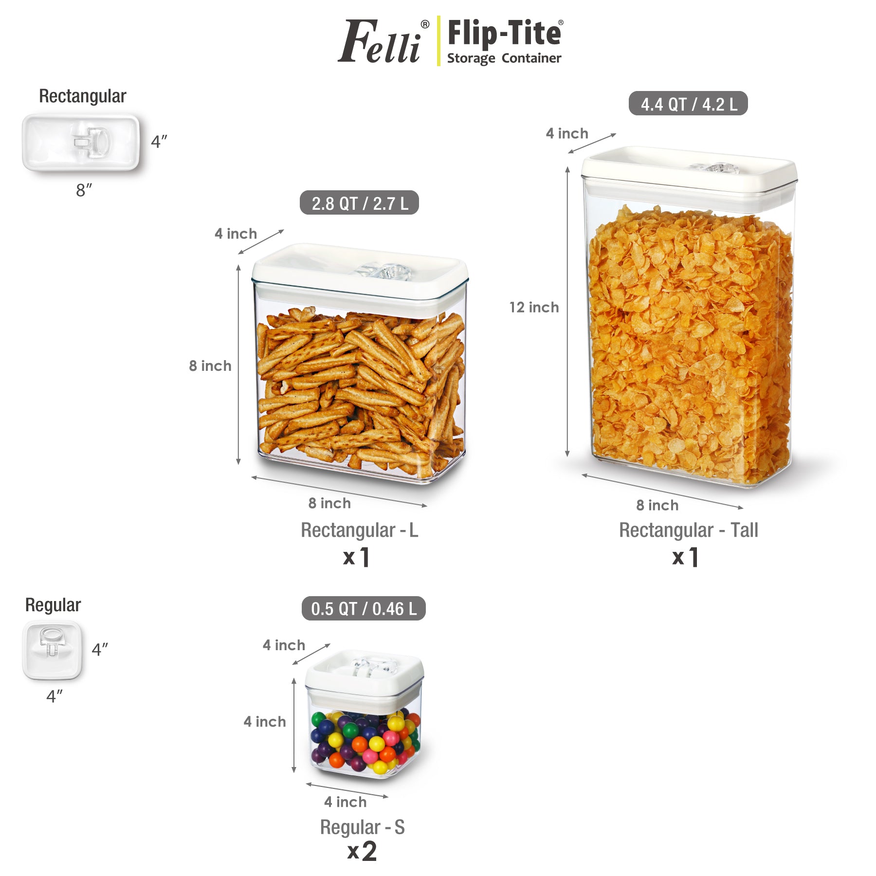 Felli Flip Tite Acrylic Storage Container Rectangular 4pk Variety Set