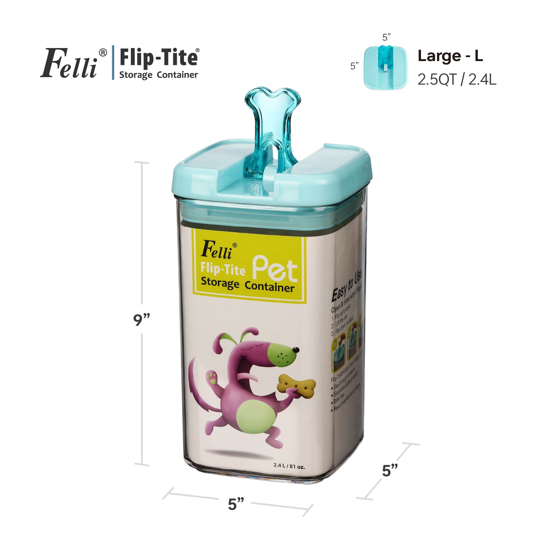 Felli Flip Tite Storage Container Pet Food Treats for Cat Dog 2.5QT