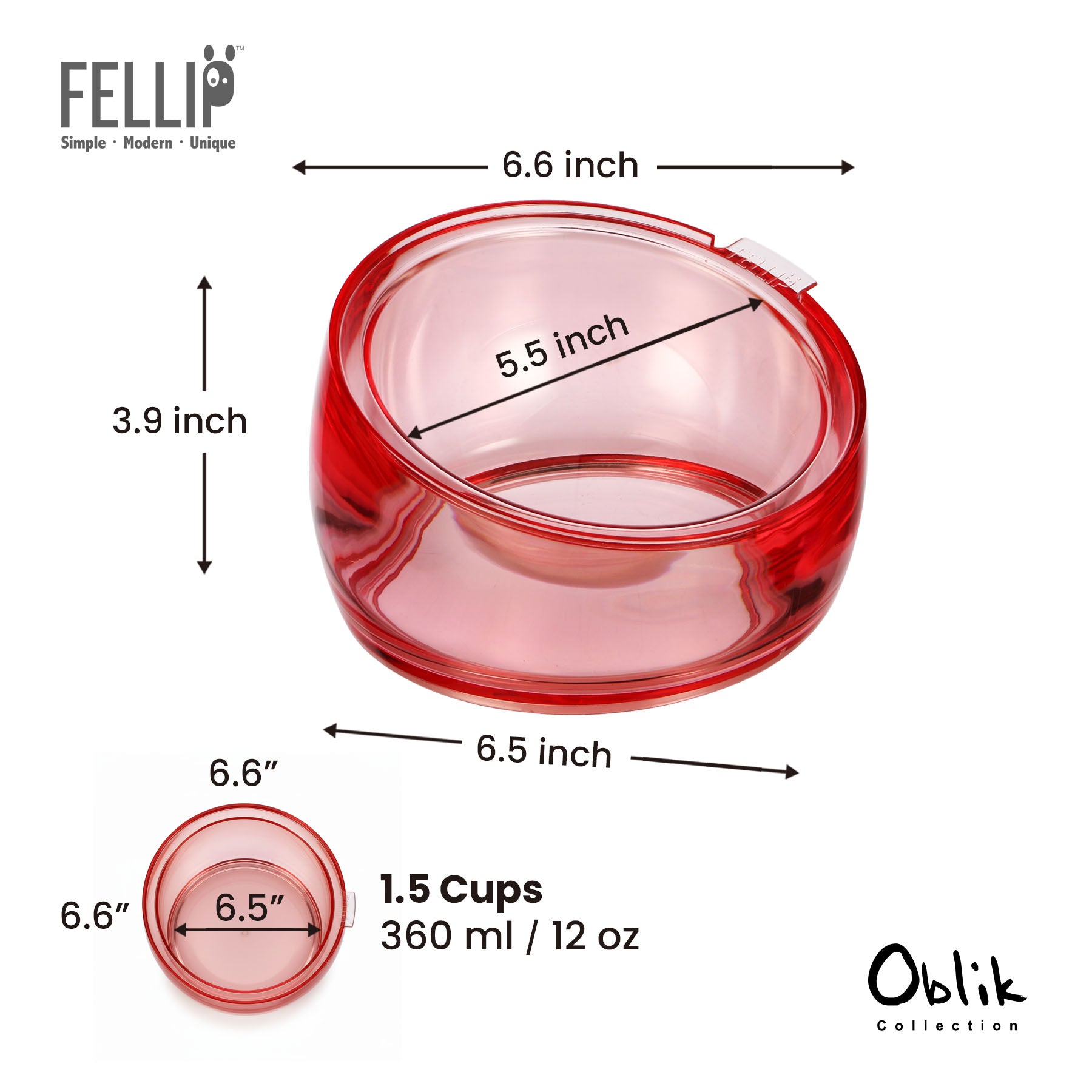 Felli Pet Oblik Food Bowl - 1.5 Cup Supreme