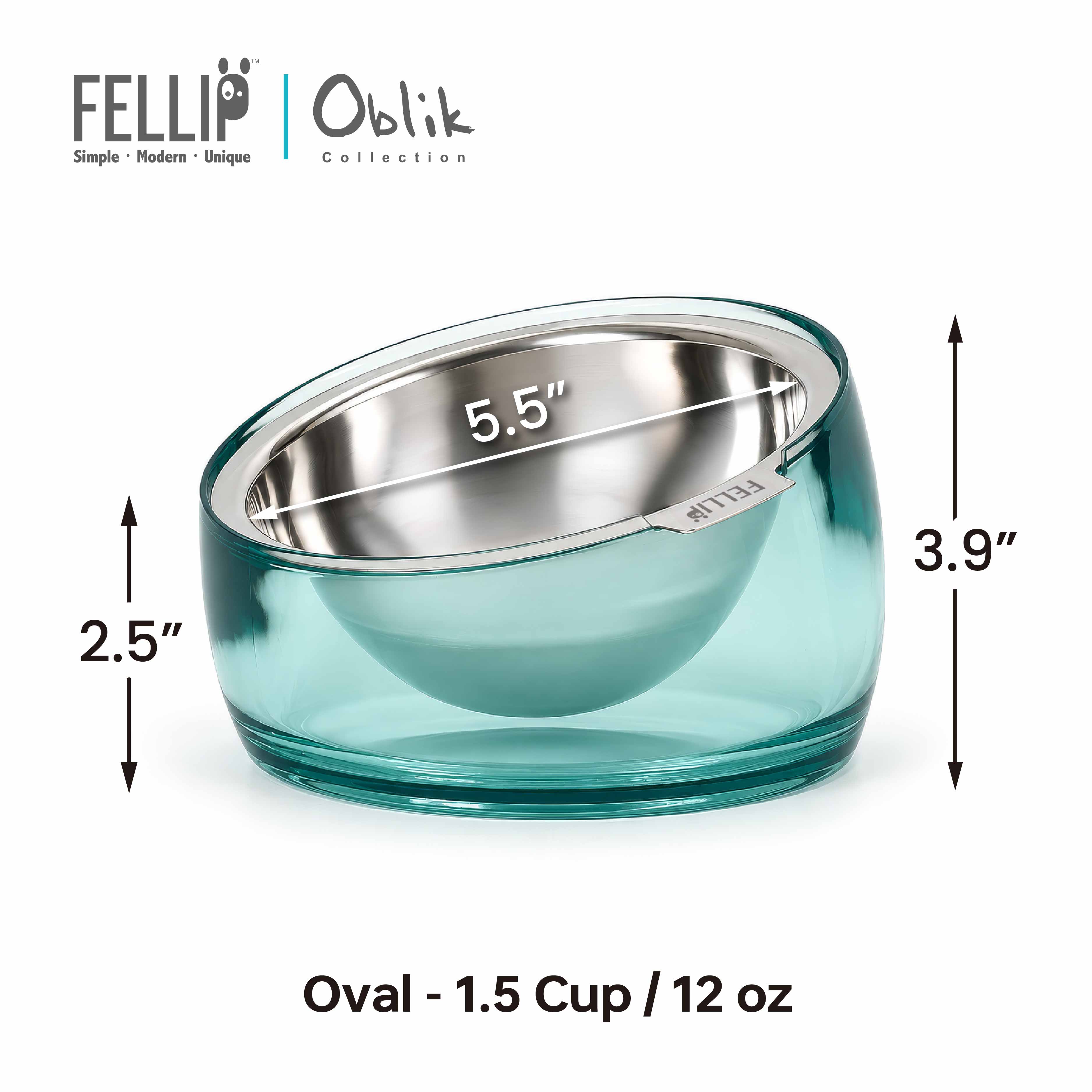 Felli Oblik Pet Food Water Bowl Elevated Stainless Steel Feeder
