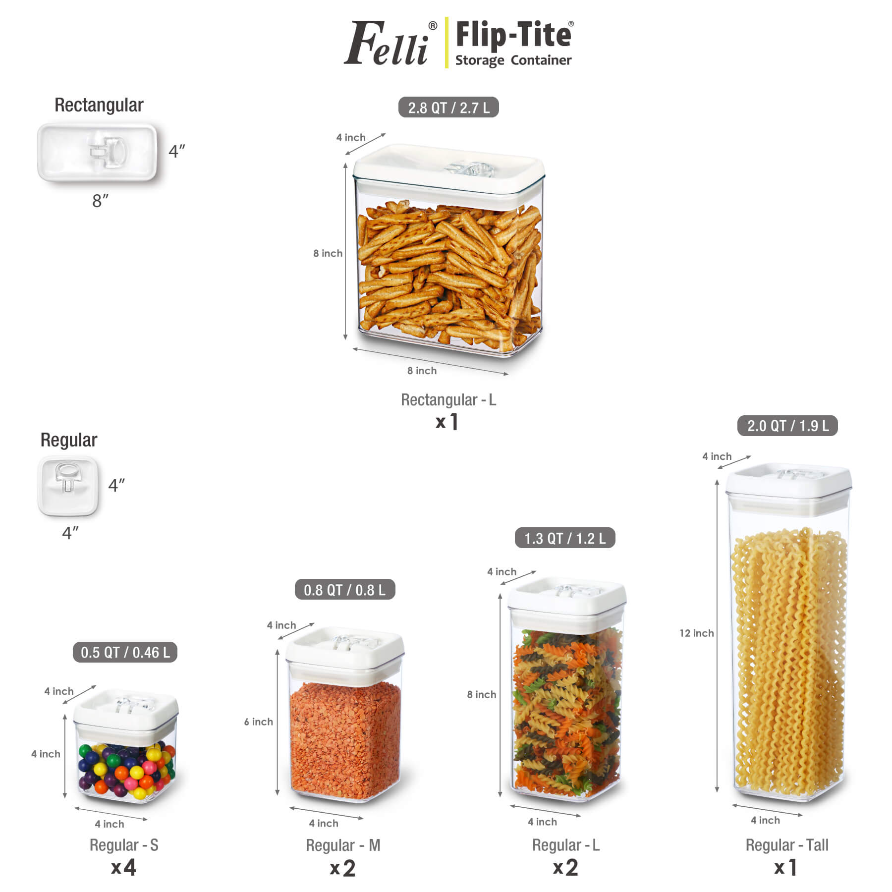 Felli Flip Tite Acrylic Storage Container Rectangular 4pk Variety Set