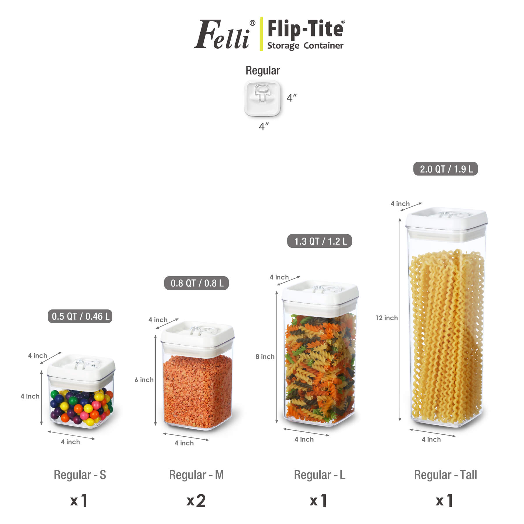 Felli Flip Tite Acrylic Storage Container Rectangular 4pk Variety Set