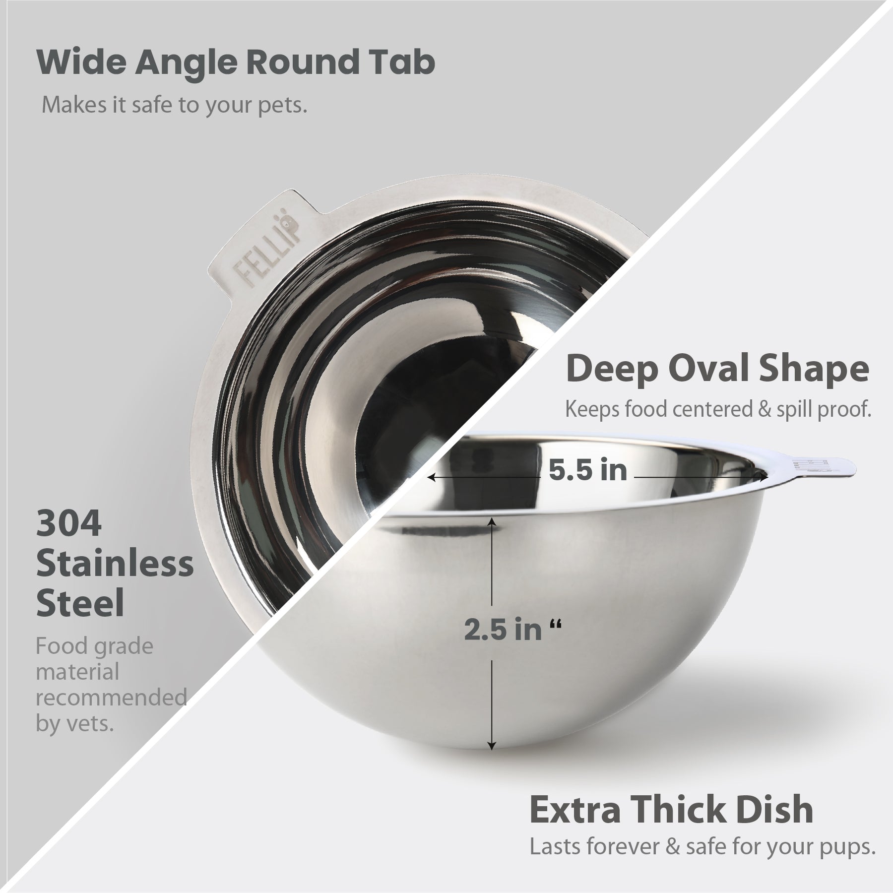 Felli Oblik Cat Dog Bowl - 304 Stainless Steel Replacement Dish 0.5 Cups / 304 Stainless Steel